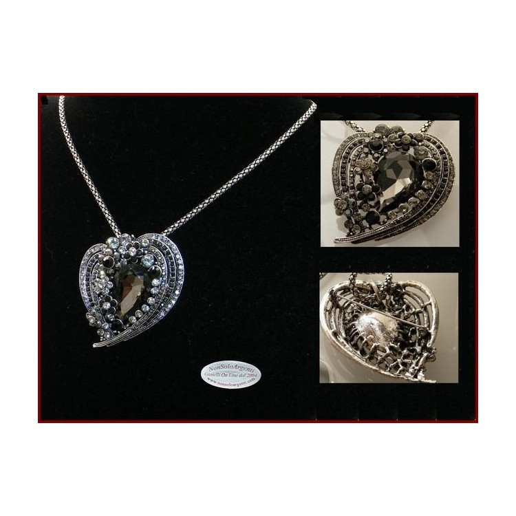 NSA|Bigiotteria : Collana e Spilla da Donna colore Argento Anticato forma Cuore grande di strass Nero e Fumo