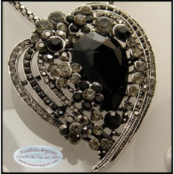 NSA|Bigiotteria : Collana e Spilla da Donna colore Argento Anticato forma Cuore grande di strass