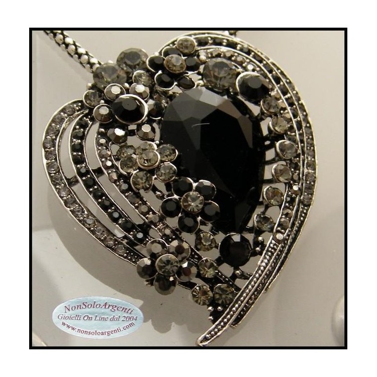 NSA|Bigiotteria : Collana e Spilla da Donna colore Argento Anticato forma Cuore grande di strass