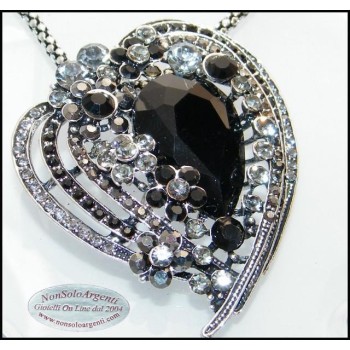 NSA|Bigiotteria : Collana e Spilla da Donna colore Argento Anticato forma Cuore grande di strass