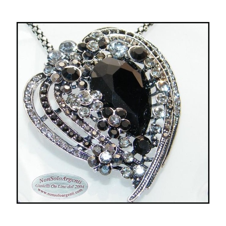 NSA|Bigiotteria : Collana e Spilla da Donna colore Argento Anticato forma Cuore grande di strass