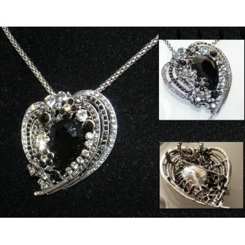 NSA|Bigiotteria : Collana e Spilla da Donna colore Argento Anticato forma Cuore grande di strass