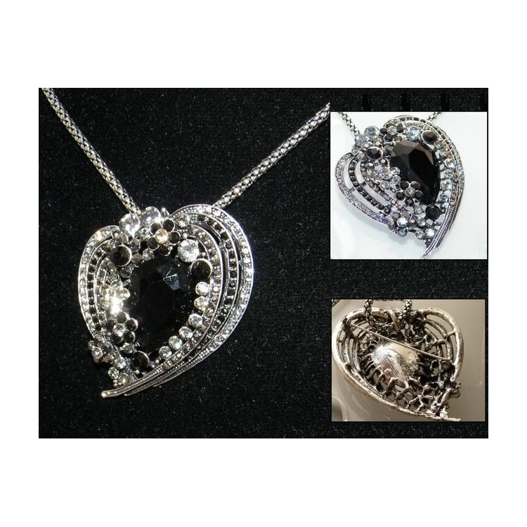 NSA|Bigiotteria : Collana e Spilla da Donna colore Argento Anticato forma Cuore grande di strass