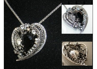 NSA|Bigiotteria : Collana e Spilla da Donna colore Argento Anticato forma Cuore grande di strass