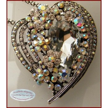 NSA|Bigiotteria : Collana e Spilla da Donna colore Argento Anticato forma  Cuore grande di strass