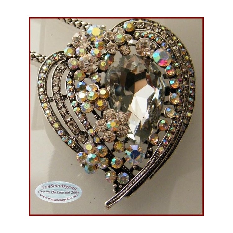 NSA|Bigiotteria : Collana e Spilla da Donna colore Argento Anticato forma  Cuore grande di strass