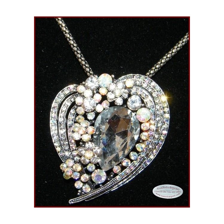 NSA|Bigiotteria : Collana e Spilla da Donna colore Argento Anticato forma  Cuore grande di strass