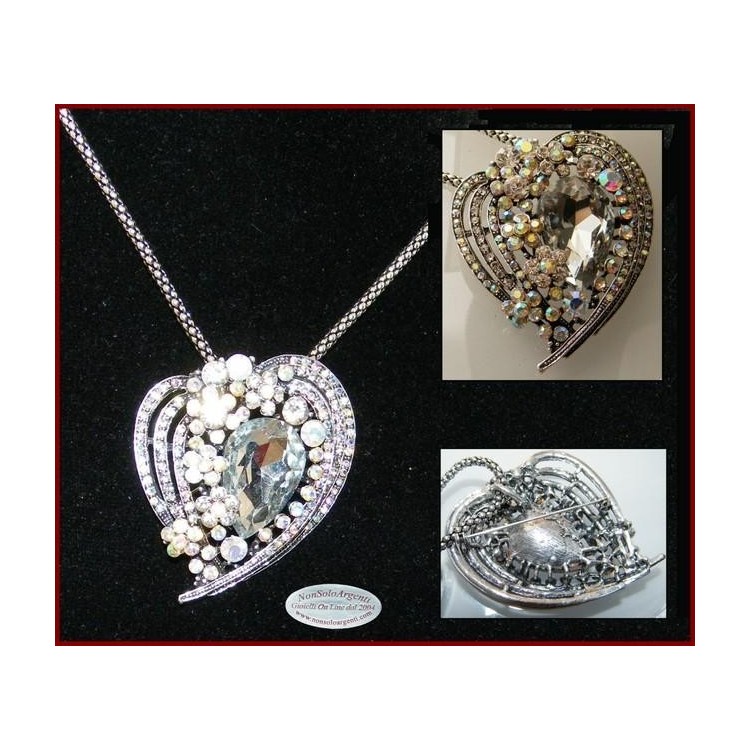 NSA|Bigiotteria : Collana e Spilla da Donna colore Argento Anticato forma  Cuore grande di strass