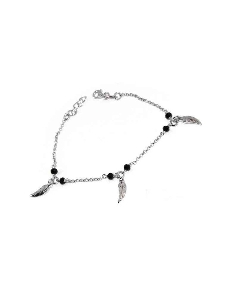 Bracciale Argento 925 cristallo nero , ciondoli foglie