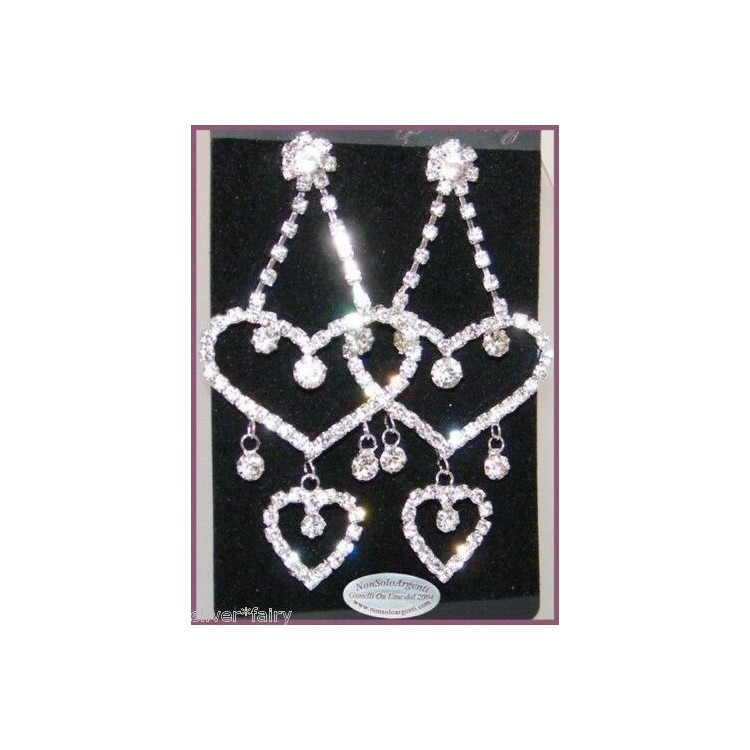 NSA|Silver color earrings with long rhinestone heart pendants