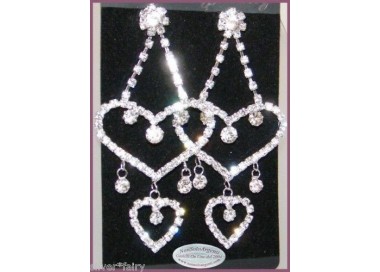 NSA|Silver color earrings with long rhinestone heart pendants