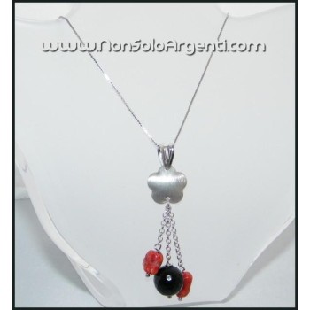 NSA|Girocollo Veneziano ARGENTO 925 Italiano con ciondolo in  Onice e Corallo