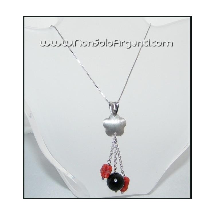 NSA|Girocollo Veneziano ARGENTO 925 Italiano con ciondolo in  Onice e Corallo
