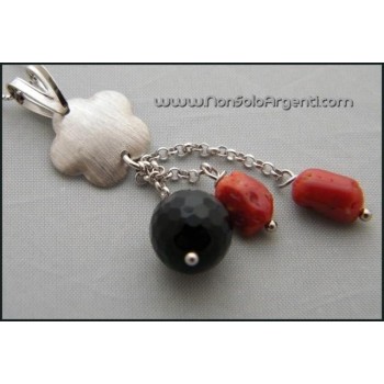 NSA|Girocollo Veneziano ARGENTO 925 Italiano con ciondolo in  Onice e Corallo