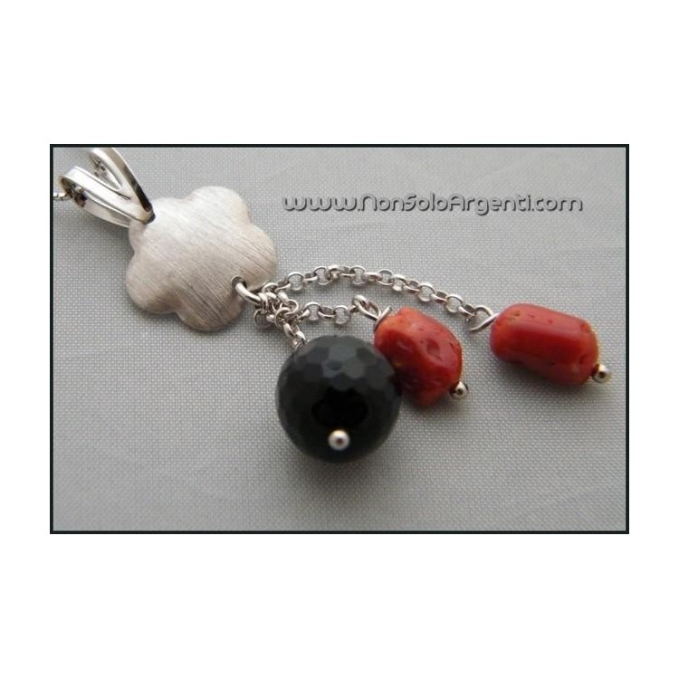 NSA|Girocollo Veneziano ARGENTO 925 Italiano con ciondolo in  Onice e Corallo
