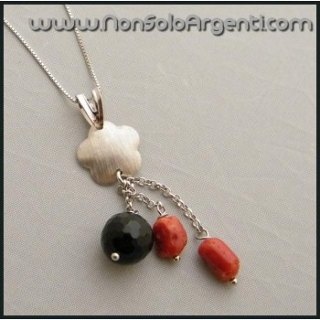 NSA|Girocollo Veneziano ARGENTO 925 Italiano con ciondolo in  Onice e Corallo