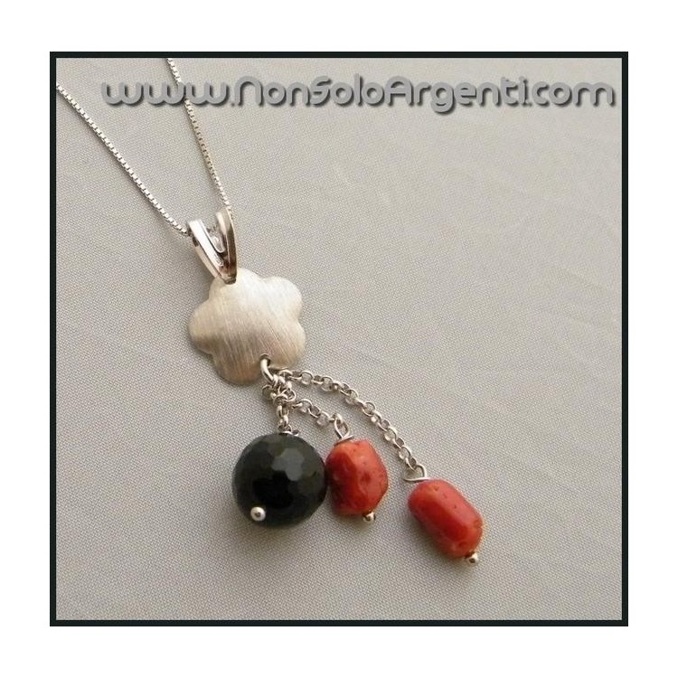 NSA|Girocollo Veneziano ARGENTO 925 Italiano con ciondolo in  Onice e Corallo