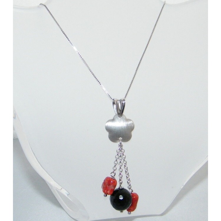 NSA|925 silver choker pendant in Onyx and natural Coral necklace