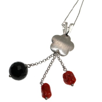 NSA|925 silver choker pendant in Onyx and natural Coral necklace