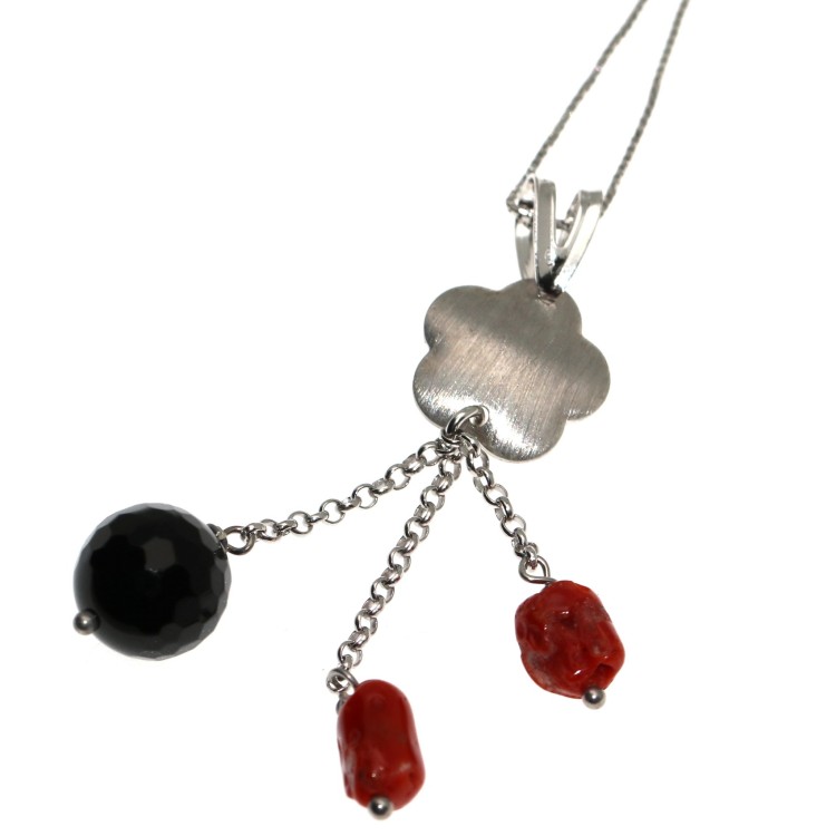 NSA|925 silver choker pendant in Onyx and natural Coral necklace
