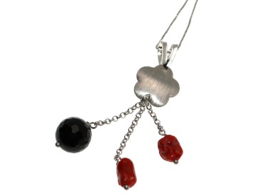 NSA|925 silver choker pendant in Onyx and natural Coral necklace