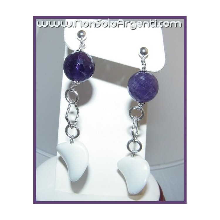 NSA|925 Silver: Earrings With White Agate and Amethyst Pendants