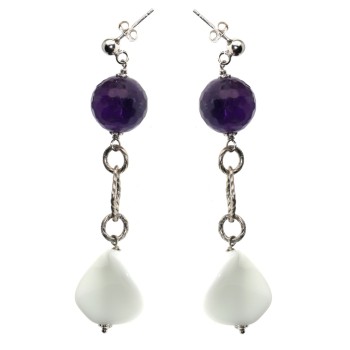 NSA|925 Silver: Earrings With White Agate and Amethyst Pendants