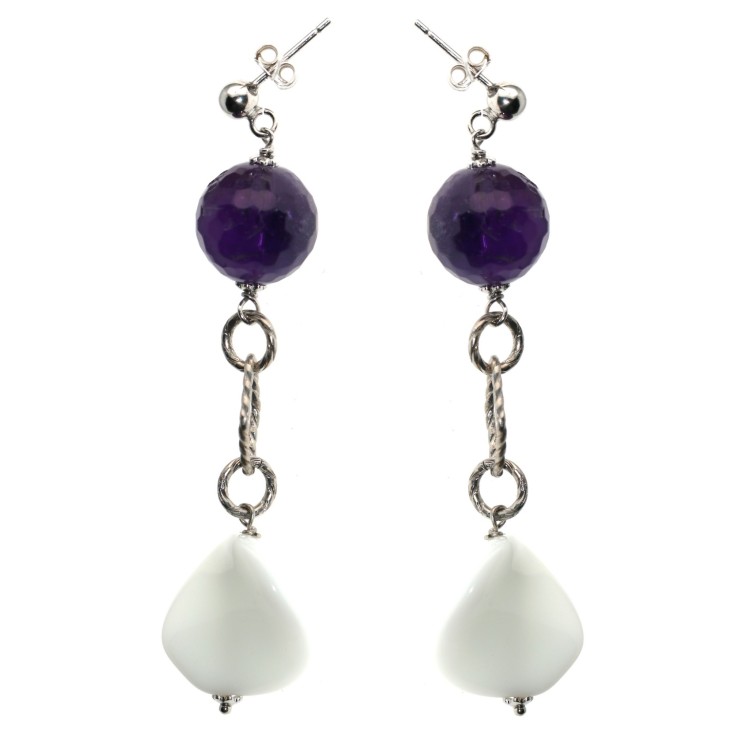 NSA|925 Silver: Earrings With White Agate and Amethyst Pendants