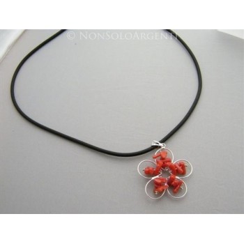 NSA|Collana e Ciondolo in Argento 925 : Margherita con Corallo di Torre del Greco