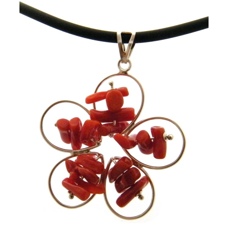 NSA|925 silver flower necklace with real coral, rubber lace daisy