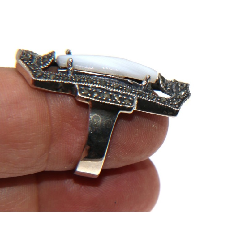 NSA|925 silver ring rectangular marcasite mother-of-pearl with milk white shuttle 14