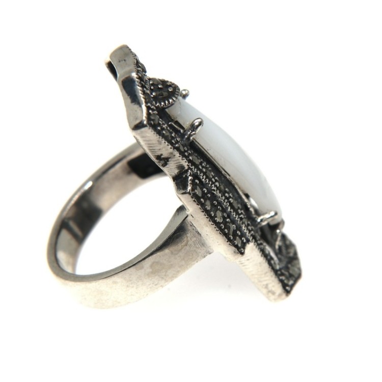 NSA|925 silver ring rectangular marcasite mother-of-pearl with milk white shuttle 14