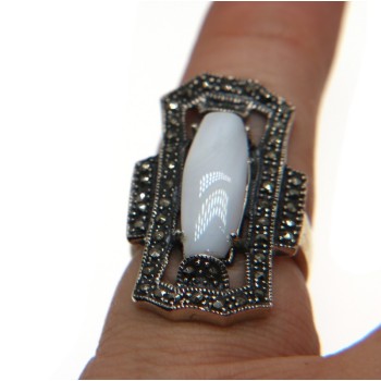 NSA|925 silver ring rectangular marcasite mother-of-pearl with milk white shuttle 14