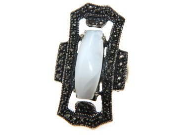 NSA|925 silver ring rectangular marcasite mother-of-pearl with milk white shuttle 14