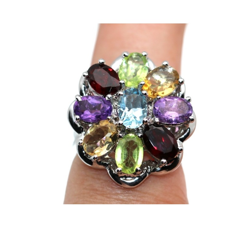 NSA|925 silver ring with Topaz, peridot, garnet, amethyst, citrine size 14 ethnic woman