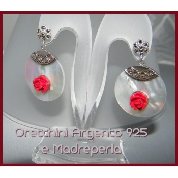 NSA|Argento 925 : Orecchini con Marcassite e ciondoli di Madreperla e rosellina