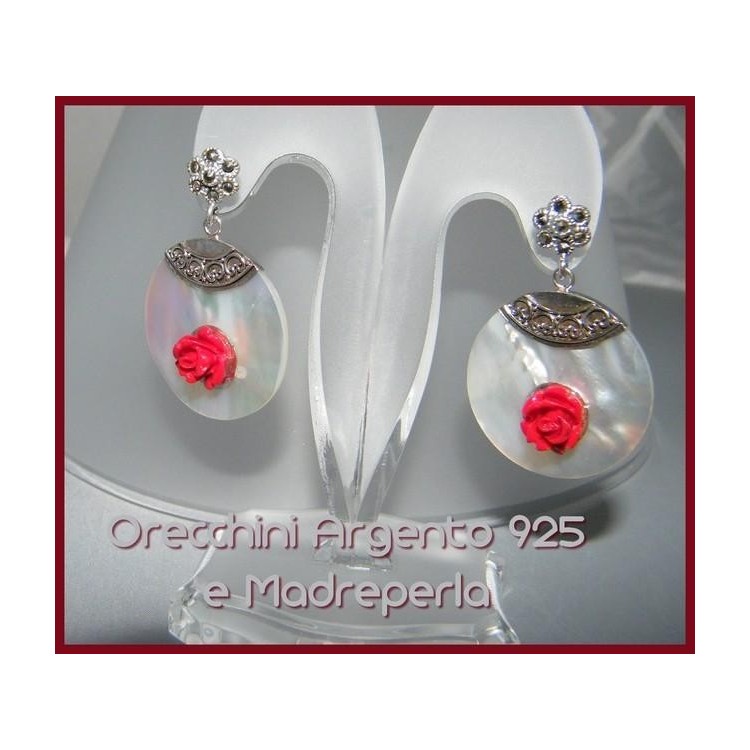 NSA|Argento 925 : Orecchini con Marcassite e ciondoli di Madreperla e rosellina