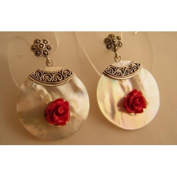 NSA|Argento 925 : Orecchini con Marcassite e ciondoli di Madreperla e rosellina