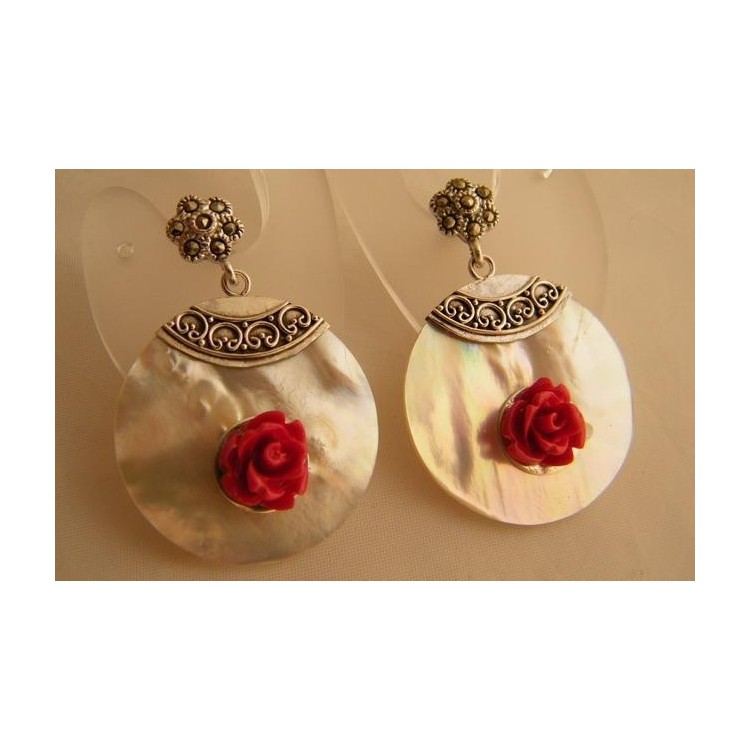 NSA|Argento 925 : Orecchini con Marcassite e ciondoli di Madreperla e rosellina