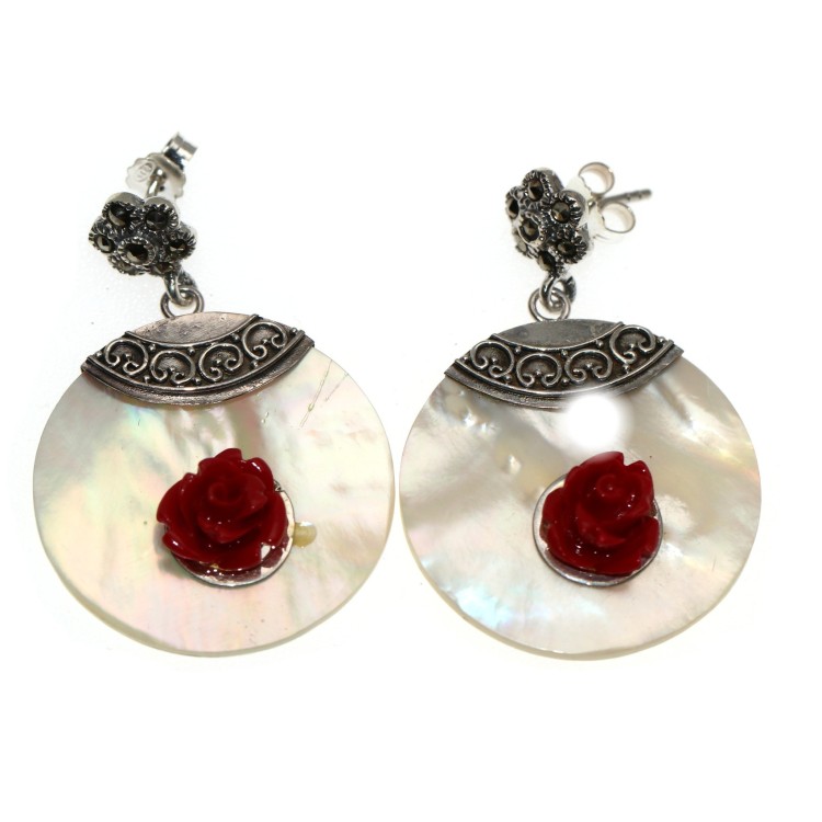NSA|925 Silver: Earrings with Marcassite and Mother of Pearl and little rose pendants