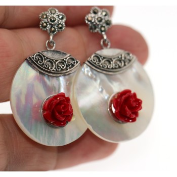 NSA|925 Silver: Earrings with Marcassite and Mother of Pearl and little rose pendants