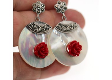 NSA|925 Silver: Earrings with Marcassite and Mother of Pearl and little rose pendants