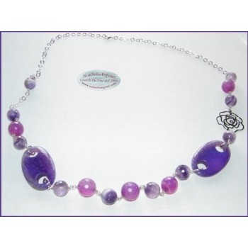 NSA|Long Necklace Silver 925 Glass Pearls and Purple Agate and flower 89cm