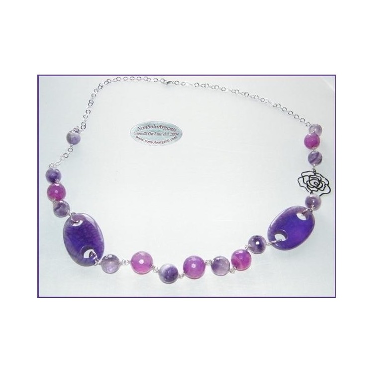 NSA|Lunga Collana Argento 925 Perle in Vetro e Agata viola gr 106