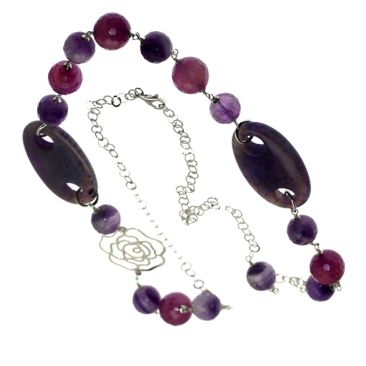 NSA|Lunga Collana Argento 925 Perle in Vetro e Agata viola e fiore gioielleria roma
