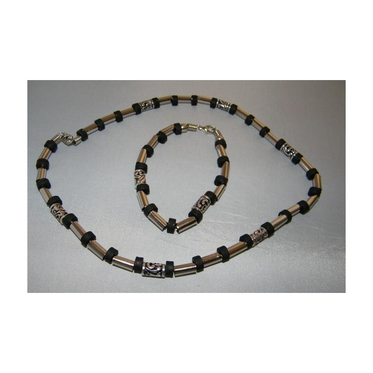 NSA|Bigiotteria : Parure Bracciale e Collana Unisex Nera e Argento