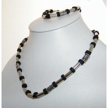 NSA|Bigiotteria : Parure Bracciale e Collana Unisex Nera e Argento