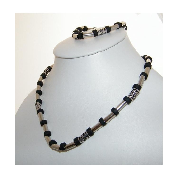 NSA|Bigiotteria : Parure Bracciale e Collana Unisex Nera e Argento