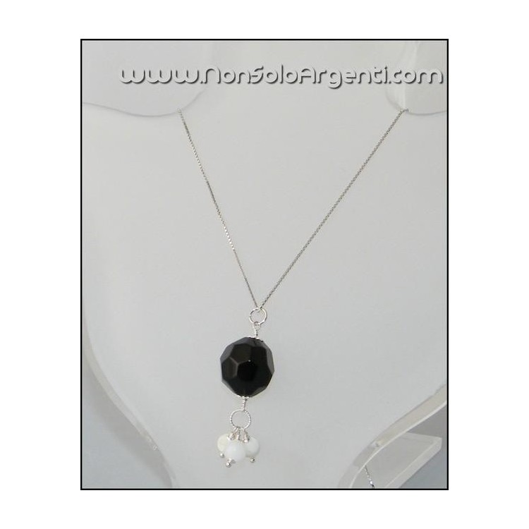 NSA|Girocollo Veneziano ARGENTO 925 Italiano con Ciondolo Onice e Agata bianca