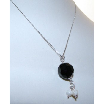 NSA|Choker 925 silver onyx pearl pendant and white agate necklace